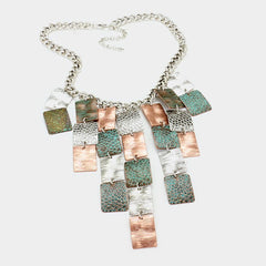 Pierced silver, turquoise & rose layered square necklace & earring set