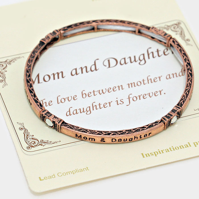 Stretch 6"-7" brass MOM & DAUGHTER bracelet with clear stones