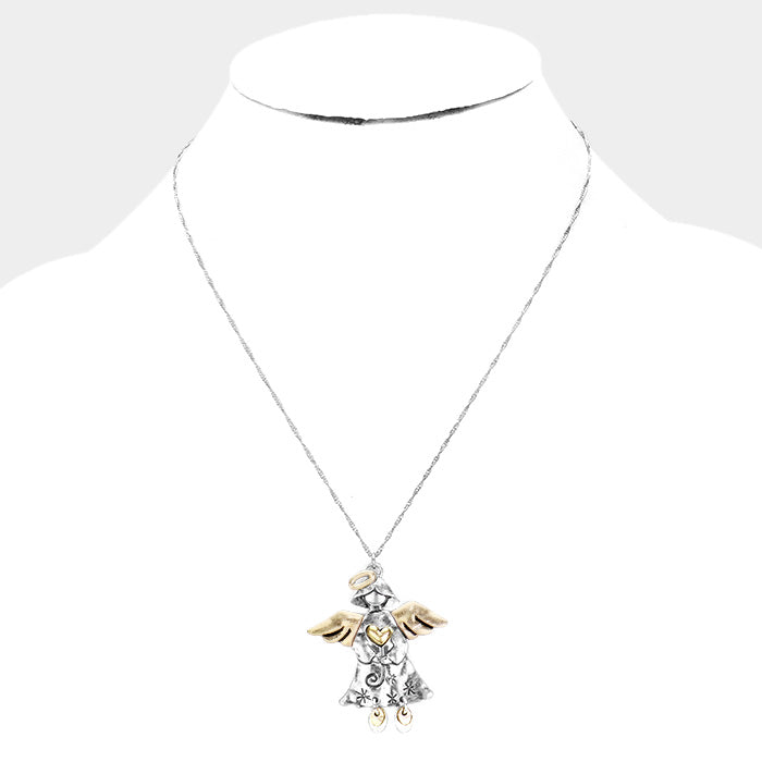 Pierced silver & gold Angel necklace set with clear bead earrings