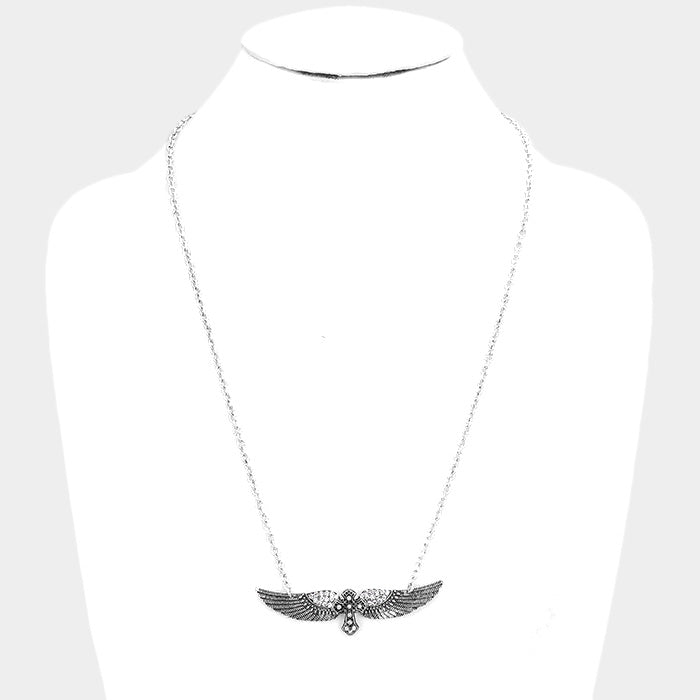 Pierced silver & gold chain wings and cross long necklace and earring set