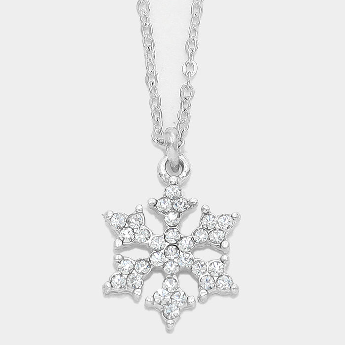 NECKLACE ONLY-Silver 18" chain clear stone Snowflake pendant necklace