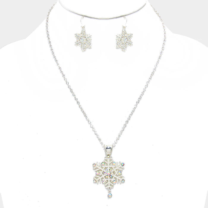 Pierced silver necklace and earring fluorescent stone Snowflake set