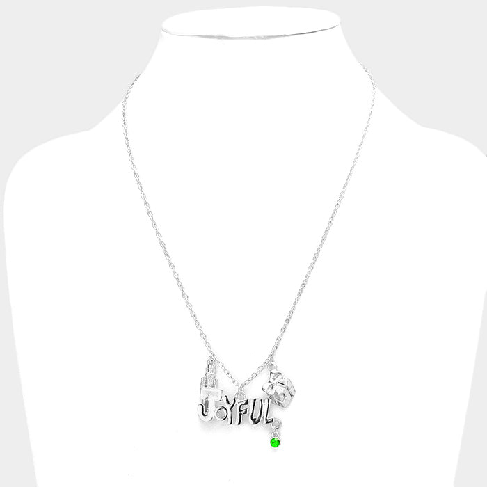 NECKLACE ONLY-Silver 18" JOYFUL charm necklace with green stone