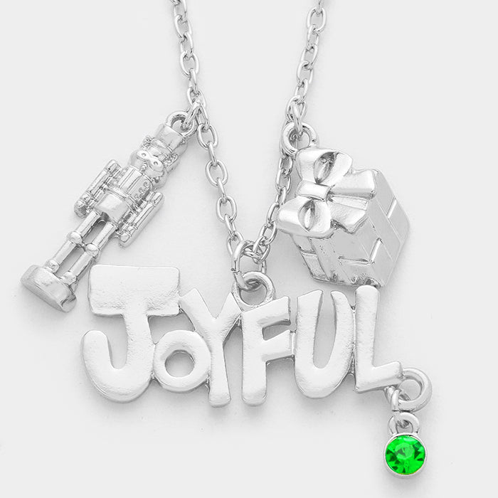 NECKLACE ONLY-Silver 18" JOYFUL charm necklace with green stone