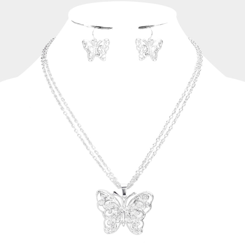 Pierced silver double strand cutout butterfly necklace and earring set