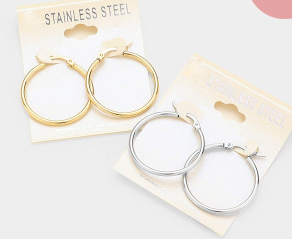 Stainless Steel 1 1/4" small pierced silver or gold hoop earrings