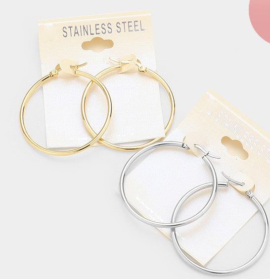 Stainless Steel 1 3/4" pierced silver or gold hoop earrings