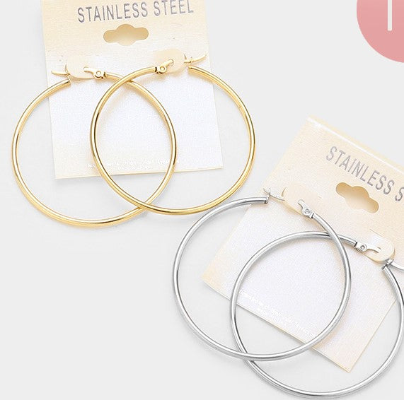 Stainless Steel 2" pierced silver or gold hoop earrings