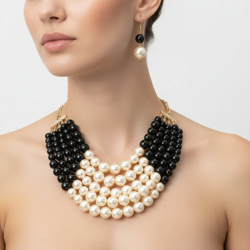 3PC Clip on silver, black flat bead multi strand necklace and earring set