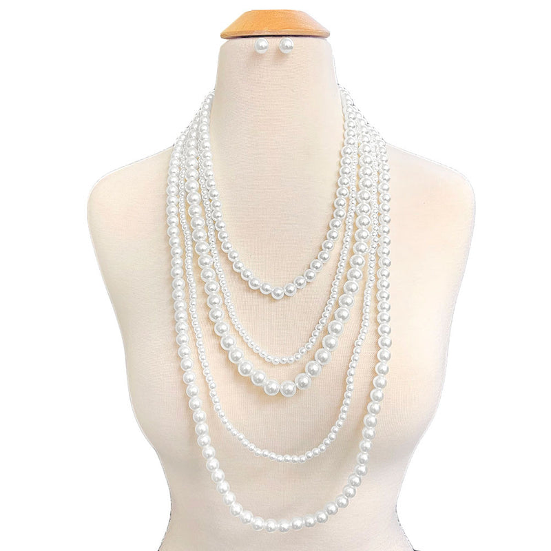 Pierced silver & white multi strand white pearl necklace and earring set