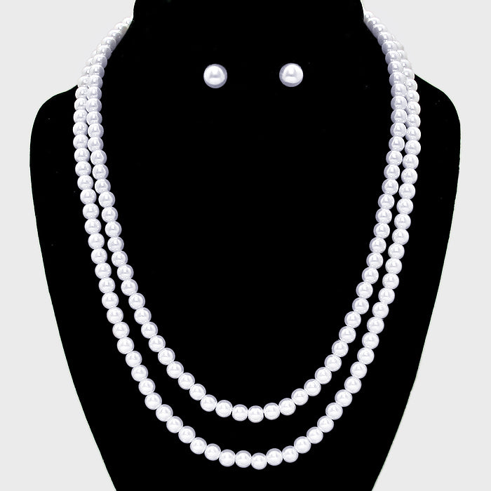 Pierced silver & white pearl double strand necklace & earring set