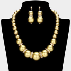 Trendy pierced gold bead and gold stone necklace and earring set