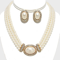 Clip on gold, cream pearl and clear stone necklace and earring set