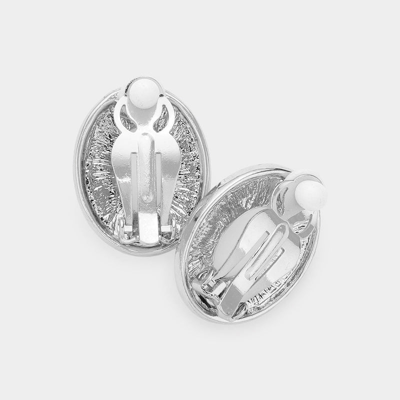 Clip on silver, white pearl and clear stone oval necklace and earring set