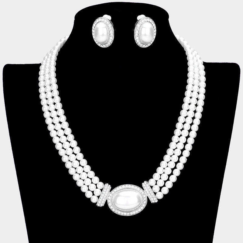 Clip on silver, white pearl and clear stone oval necklace and earring set