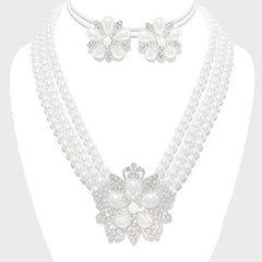 Clip on silver & white pearl three strand flower necklace and earring set