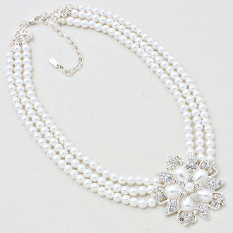 Clip on silver & white pearl three strand flower necklace and earring set