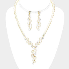 Classy pierced gold, clear stone & pearl necklace and earring set