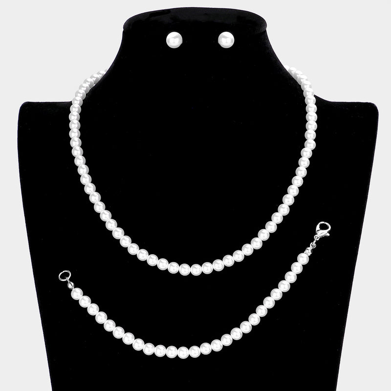 3pc pierced silver & white pearl necklace, bracelet & earring set
