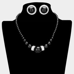 Clip on silver, black bead and clear stone necklace set