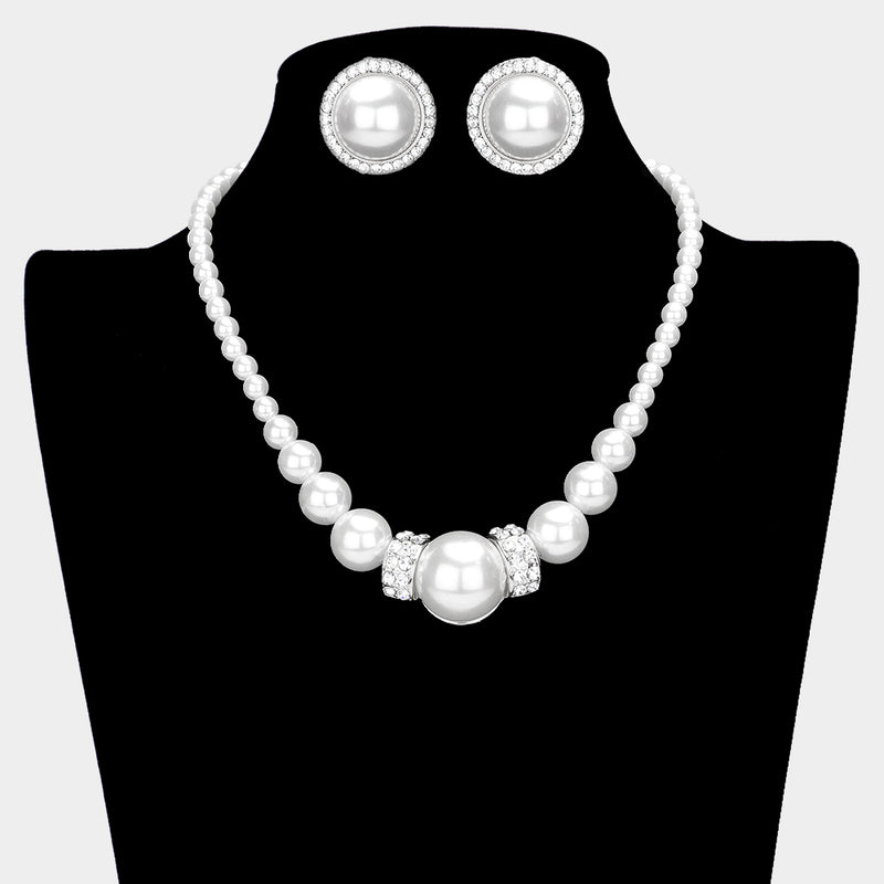 Clip on silver, white pearl and clear stone necklace set