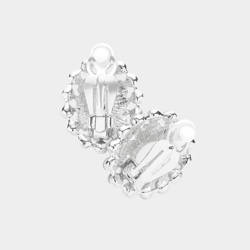 Clip on silver and white pearl oval pendant necklace set with clear stones