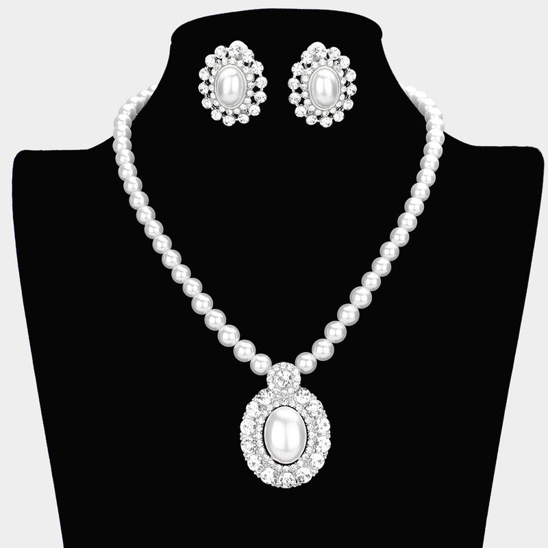 Clip on silver and white pearl oval pendant necklace set with clear stones