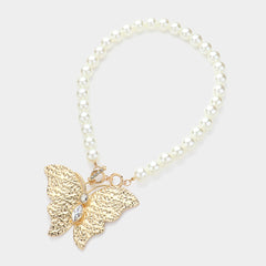 Pierced gold Xlarge butterfly and pearl necklace and earring set