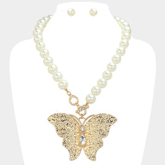 Pierced gold Xlarge butterfly and pearl necklace and earring set