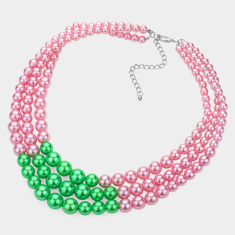 Beautiful pierced silver, pink and green 3 strand pearl necklace set