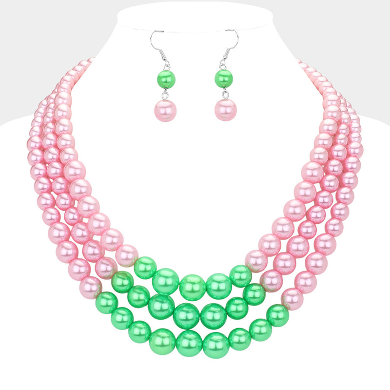 Beautiful pierced silver, pink and green 3 strand pearl necklace set