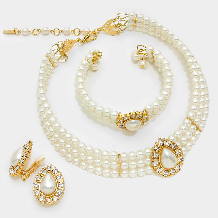 3pc clip on gold cream pearl choker, bracelet, earring set