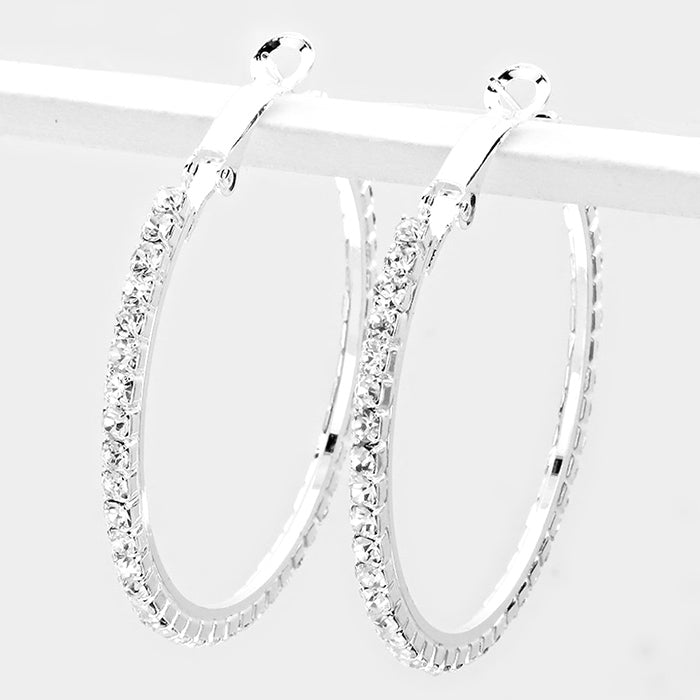 Trendy pierced 2" medium silver clear stone hoop earrings