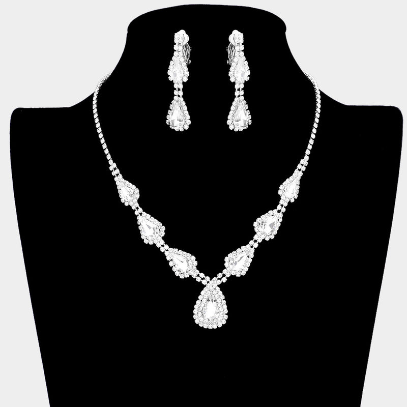 Clip on  silver and clear stone teardrop necklace and earring set