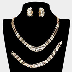 Clip on 3pc gold & clear stone block chain necklace, bracelet, earring set