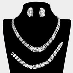 Clip on 3pc silver & clear stone block chain necklace, bracelet, earring set