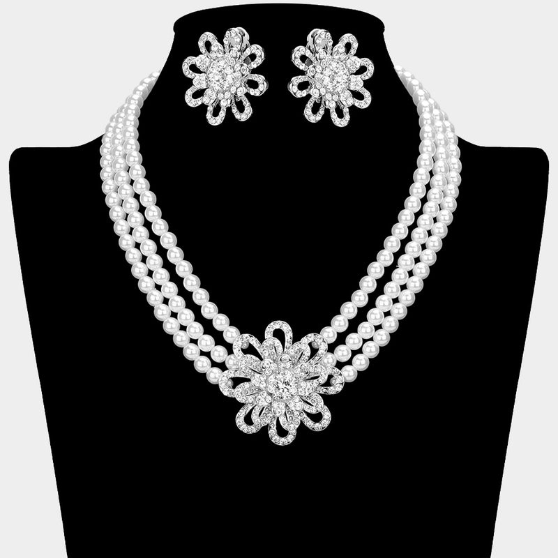 Clip on silver, cream pearl and clear stone flower necklace set