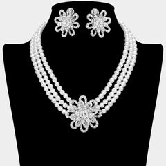 Clip on silver, cream pearl and clear stone flower necklace set