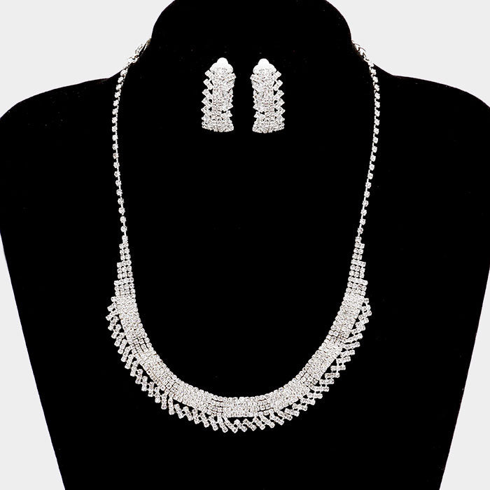 Clip on silver wavy clear stone necklace and earring set