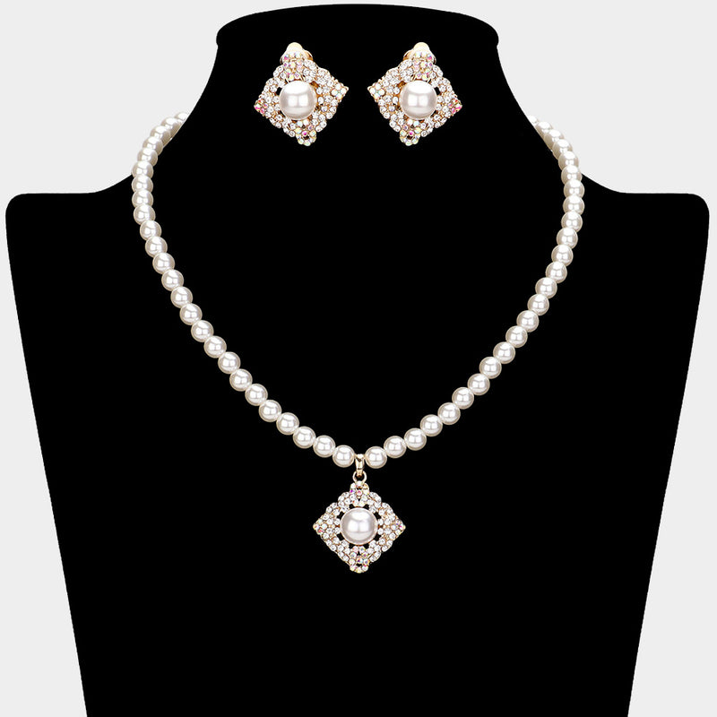 Clip on gold, cream pearl and fluorescent stone square necklace set