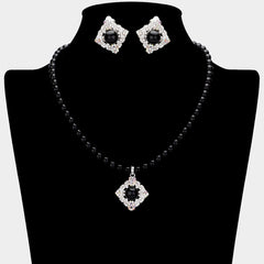 Clip on silver, black bead and fluorescent stone square necklace set