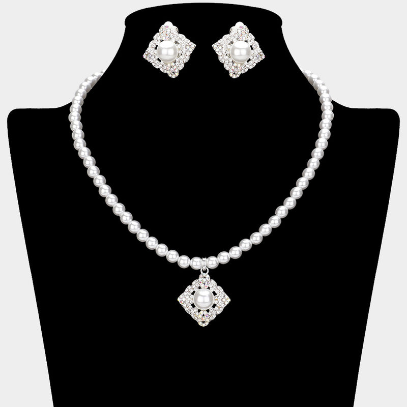 Clip on silver, white pearl and fluorescent stone square necklace set