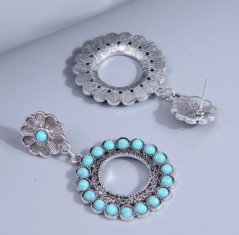Western pierced 2 1/4" silver & round turquoise stone dangle hoop earrings