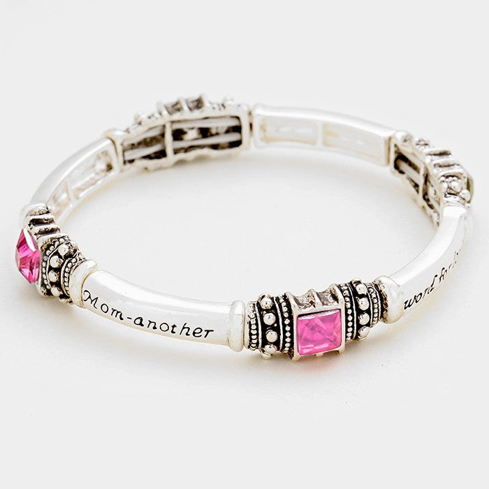Stretch 6"-7" silver and pink stone "MOM" bracelet