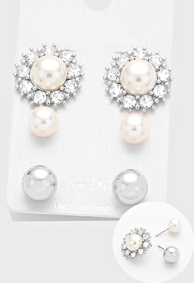 3 piece set of silver pierced earrings with clear stones and pearl