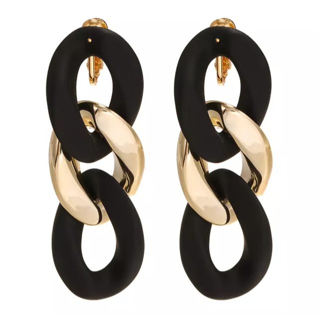 Clip on 3" gold chain bohemian black & gray earrings w/gold stones