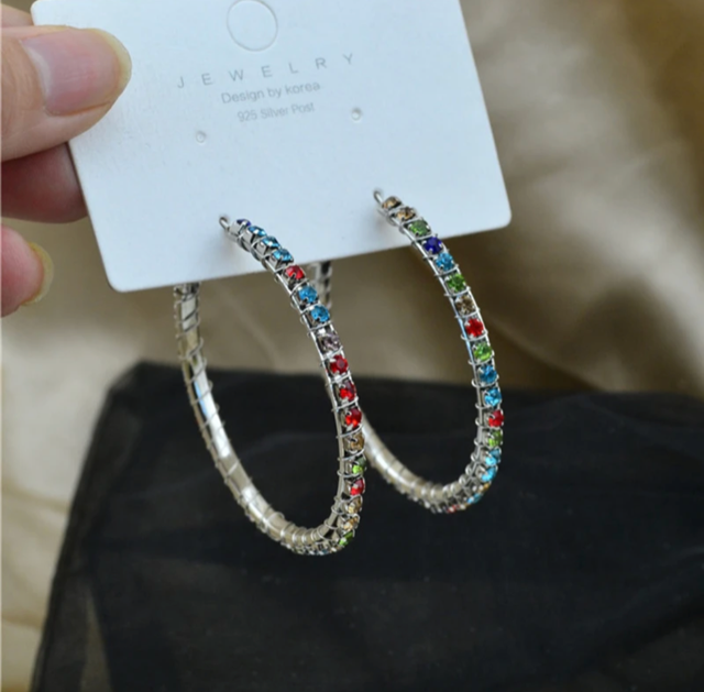 Trendy 2 1/4" clip on silver, blue, red multi colored stone hoop earrings