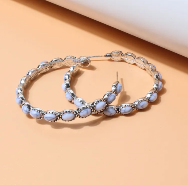 Western pierced 2" silver and white crackle stone hoop earrings