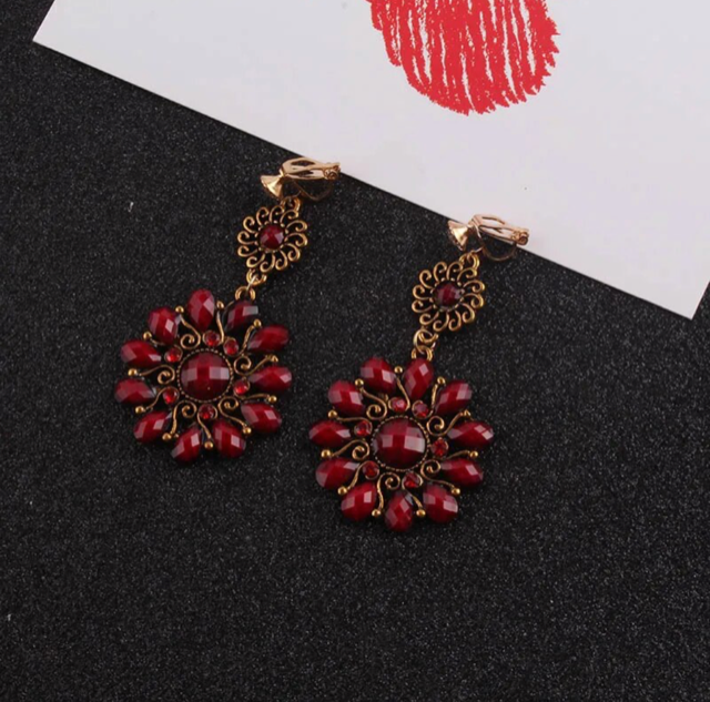 Clip on 2 3/4" gold and red stone dangle flower earrings