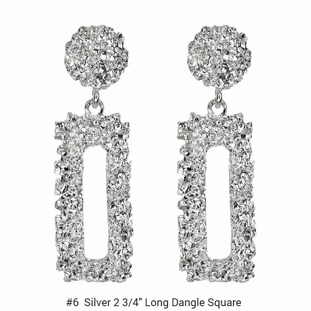 Clip on 3" silver textured dangle long square earrings